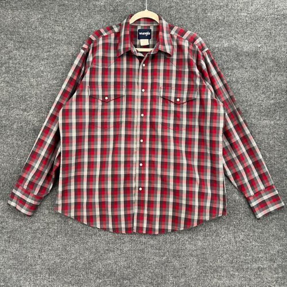 Wrangler Mens Pearl Snap Western Shirt Sz XL Red Plaid Long Sleeve Rodeo Cowboy
